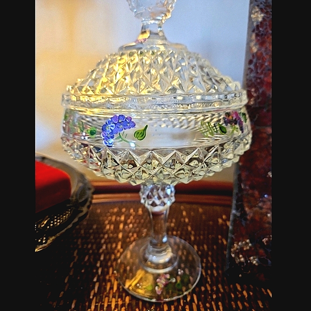 Antique European Cut Glass Covered Candy Nut Compote Handpainted RARE Final$